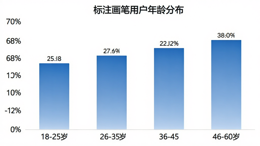 一张柱状图,展示“标注画笔”用户年龄分布,横轴为年龄段:18-25岁、26-35岁、36-45岁、46-60岁,纵轴为用户占比百分比,柱子颜色为蓝色渐变,图表标题为“标注画笔用户年龄分布”,数据标签清晰可见,整体风格简洁专业,画质干净,无多余元素
