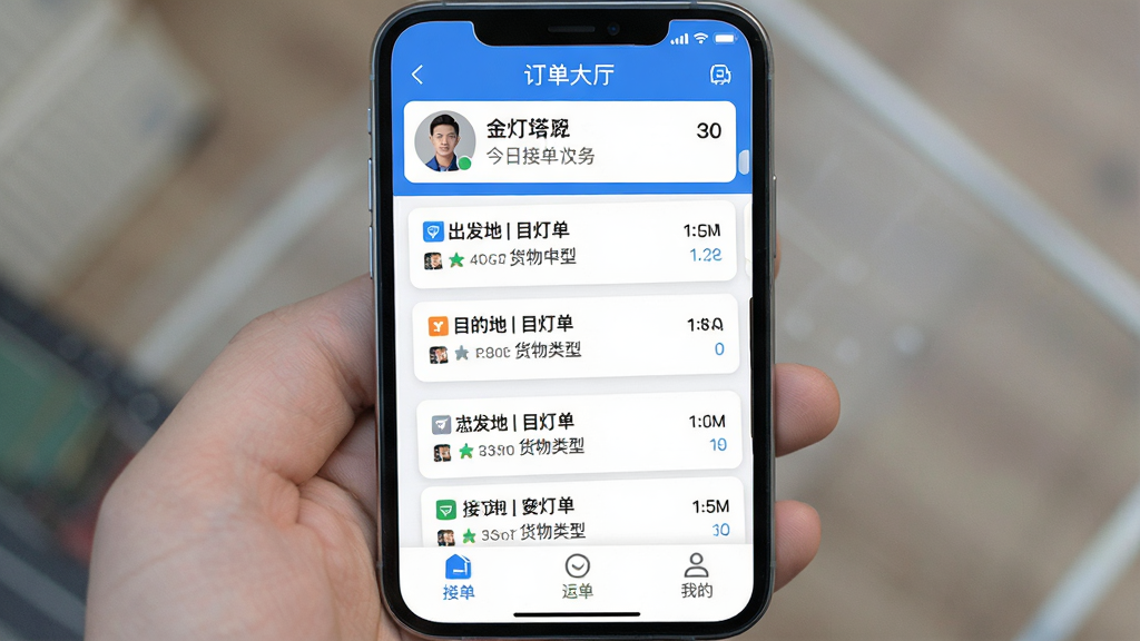 一张手机屏幕展示金灯塔物流App主界面的图片,画面中央是金灯塔物流的订单大厅页面,顶部显示司机头像和今日接单数量,中间是滚动更新的货源列表,每条货源标注了出发地目的地和货物类型,底部有接单、运单、我的三个导航按钮,整体风格简洁明快以蓝色和白色为主色调,界面干净无广告弹窗,画质清晰细节圆润