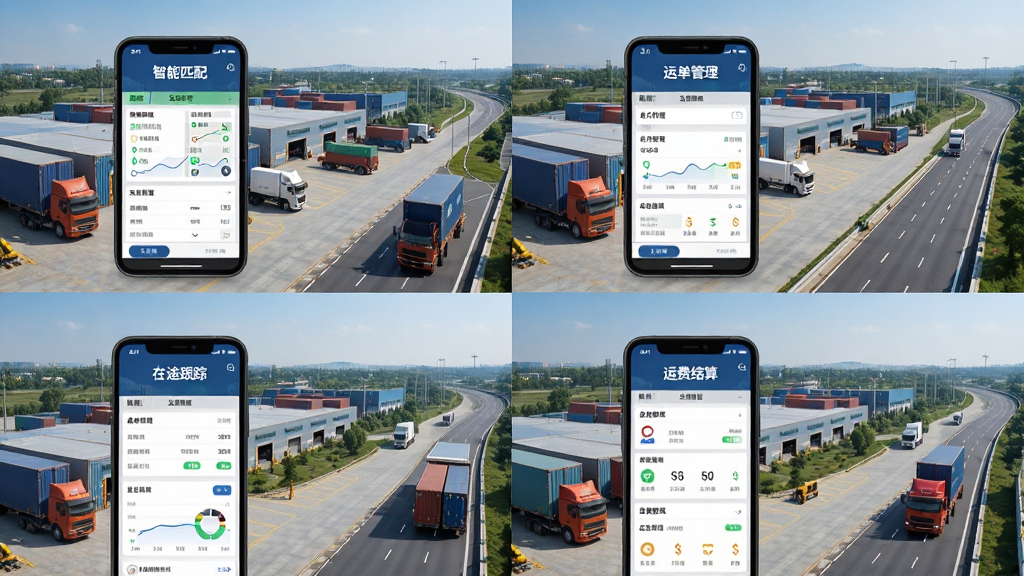 金灯塔物流App功能展示图,画面分为四个区域分别展示智能匹配货源、运单管理、在途跟踪和运费结算界面,每个区域用手机屏幕形式呈现,屏幕中显示金灯塔物流的对应功能页面,背景是物流园区和高速公路的场景,风格写实商务,细节清晰,画质干净无多余元素