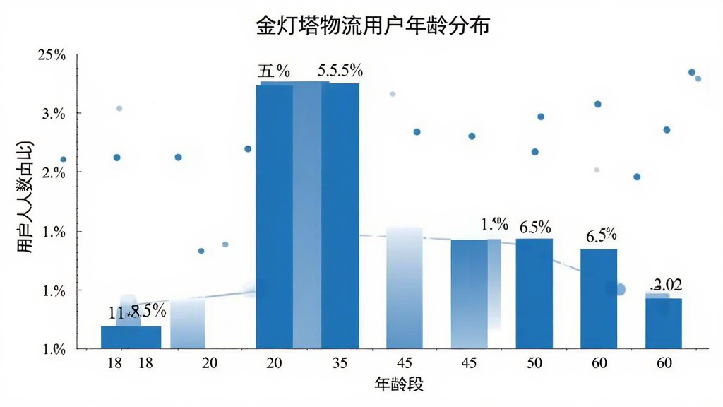 金灯塔物流用户年龄分布柱状图,横轴是18到60岁的年龄段,纵轴是用户人数占比,柱状图显示30到45岁年龄段用户最多占比约百分之五十五,45到60岁占比约百分之二十五,18到30岁占比约百分之二十,图表风格简洁商务,配色以蓝色为主,数据标签清晰,画质干净无多余元素