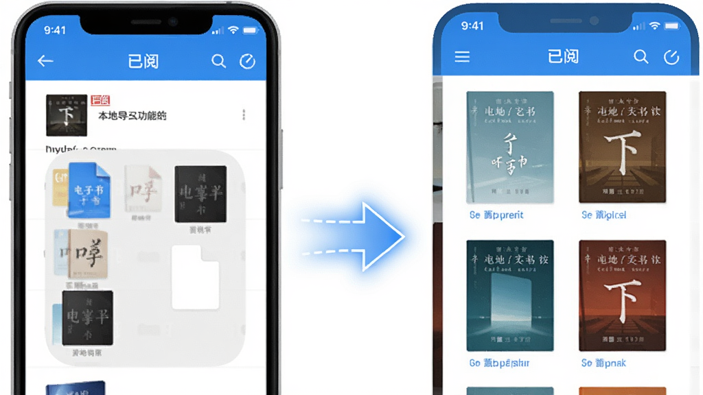 һ��չʾ�����ġ�App���ص��빦�ܵ�ʾ��ͼ������������ֻ��ļ����еĵ������ļ��б����Ҳ��ǡ����ġ�App��ܽ��棬�ļ������֮����һ������ļ�ͷ��ʾ������̣�����ϵ��鼮���������ɼ����������ƽ����ɫ��������Ϊ�������ʸɾ�����