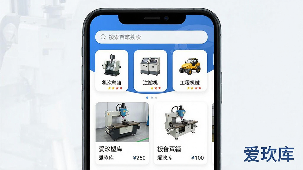 һ��չʾ����������豸����ƽ̨���Ľ����ͼƬ�������������ֻ���Ļ����Ļ����ʾ������App��ҳ�����������������м��Ǹ�������豸����ͼ�꣬����������ע�ܻ������̻�е�ȣ��·����豸�б���Ƭ��ÿ����Ƭ���豸ͼƬ�����ƺͼ۸����岼������������ִ���Լ������ɫ��Ϊ�������ʸɾ��޶���Ԫ�أ�ͼƬ�д��С������⡱���ֱ�ʶ��