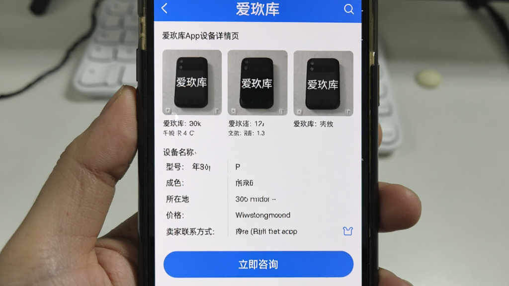 ������App�豸����ҳ���ֻ���Ļչʾһ̨�����豸����ϸ��Ϣ�����������豸ʵ��ͼ���豸���ơ��ͺš���ݡ���ɫ�����ڵء��۸��������ϵ��ʽ��ҳ��ײ��С�������ѯ����ť�������������׶���������ɫ�����ʸɾ���ͼƬ�д��С������⡱���֡�