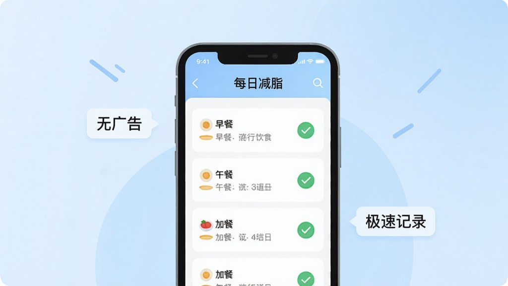 һ��չʾ��ÿ�ռ�֬��App�޹����ˬ����������ֲ廭������������һ���ֻ�����Ļ��ʾ��ÿ�ռ�֬������ʳ��¼ҳ�棬�б�������͡���͡��Ӳ͵���Ŀ���Ա�����ɫ�ĶԹ�ͼ�꣬��������͵�ǳ��ɫ���䣬�ֻ���ΧƯ���š��޹�桱�������ټ�¼���ļ�ԼС��ǩ������ƽ�������ʸɾ����޶���Ԫ�ء�