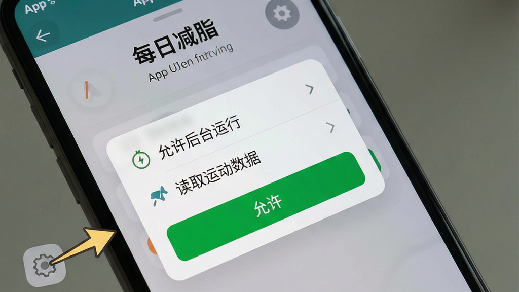 һ��չʾ��ÿ�ռ�֬��App������������Ȩ�����ý����ͼƬ������Ϊ�ֻ���Ļ��д����Ļ����ʾ��Ȩ�����󵯴���������������̨���С�������ȡ�˶����ݡ���ѡ��·�����Ŀ����ɫ����������ť�������Ǽ��Ļ�ɫ���ֻ��Ա���һ��С��ͷָ������ͼ�꣬���ֱ���׶��������������޶���Ԫ�ء�