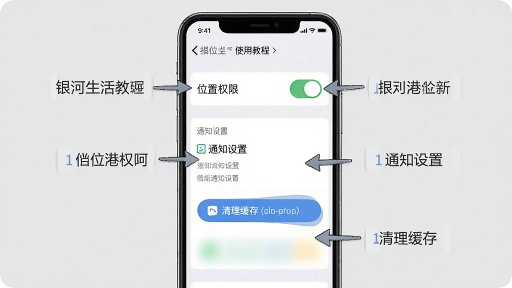 银河港生活App使用教程示意图,手机屏幕截图显示设置界面,有位置权限开关、通知设置、清理缓存按钮等,界面清晰,有箭头和文字标注指引操作步骤,风格简洁明了,画质干净,无多余元素,背景为浅灰色,突出教学感。