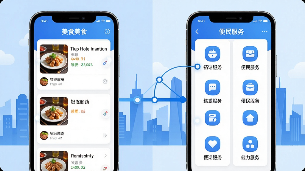 银河港生活App功能展示图,手机屏幕分屏显示多个功能界面,左侧是美食列表,右侧是便民服务入口,中间有连接线表示整合,界面以蓝色和白色为主色调,图标圆润清晰,文字标签明确,背景是城市剪影,风格现代扁平,画质干净,无多余元素,突出“一站式服务”概念。