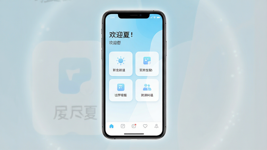 һ���ֻ���Ļչʾͼ��������������Ϊ�����ġ���App�����棬������Ƽ����ˬ������ǳ��ɫ���ɫ���䱳����������ʾ��ӭ��м��ǹ��ܿ�Ƭʽ���֣��ײ��е�����������ִ���ƽ��ϸ��Բ�󣬻��ʸɾ����޶���Ԫ�أ��ֻ���Χ����΢���ε�׺�������������ʵ�õĸо�