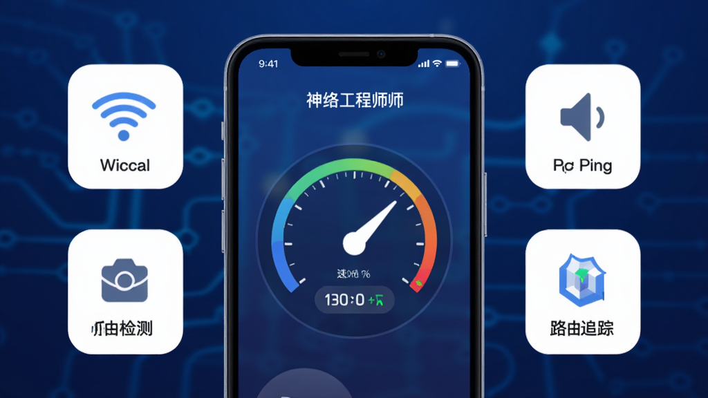 ���й���ʦApp������չʾ���ֻ���Ļ������ʾ��������Ǳ��̣���Χ����WiFi�źŷ�����ping��⡢·��׷�ٵȹ���ͼ�꣬����������ɫ�Ƽ��н��䣬�����������Ű��࣬����ִ���ƽ��ϸ��Բ�󣬻��ʸɾ��޶���Ԫ��