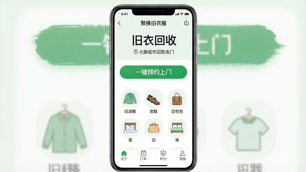一张手机应用界面展示图,画面中央是“聚换旧衣服回收”App的主界面,顶部显示“旧衣回收”大字标题和城市定位,中间有“一键预约上门”的醒目按钮,下方排列着旧衣服、旧鞋、旧包包、床品等分类图标,底部导航栏为首页、订单、积分、我的四个选项卡,整体风格清新简约,以绿色和白色为主色调,画面干净整洁,无多余元素,高清画质