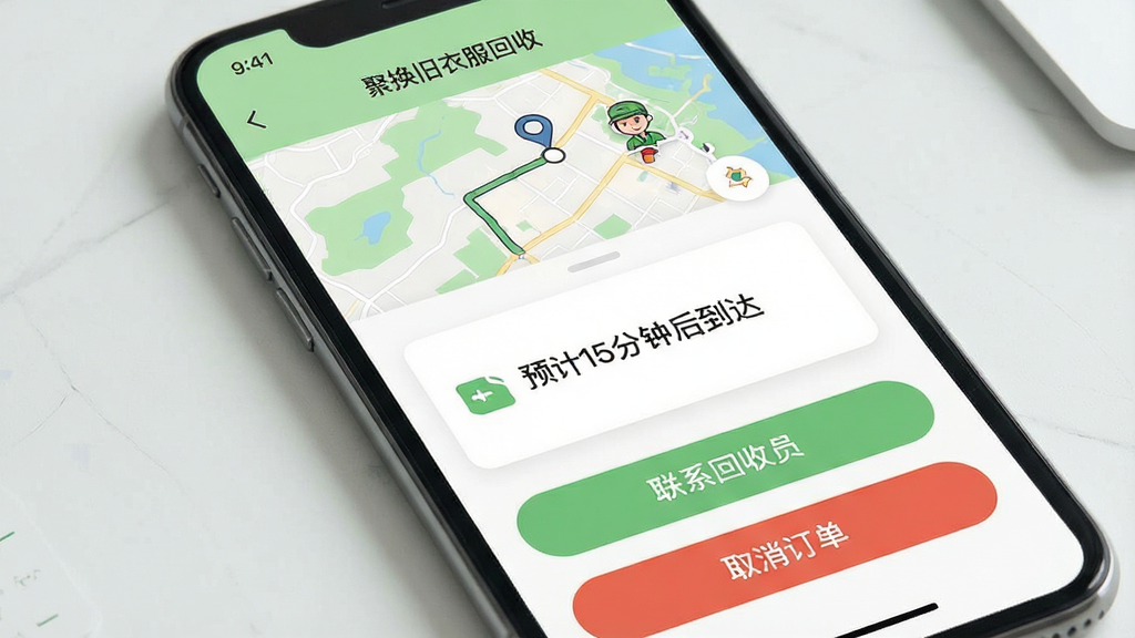 一张AI生成的手机界面截图风格图片,画面展示“聚换旧衣服回收”App的订单跟踪页面,上方是地图路线和回收员小图标,中间显示“预计15分钟后到达”的卡片,下方有“联系回收员”和“取消订单”两个按钮,界面配色为浅绿色与白色,布局简洁,文字清晰,无广告弹窗,高清画质