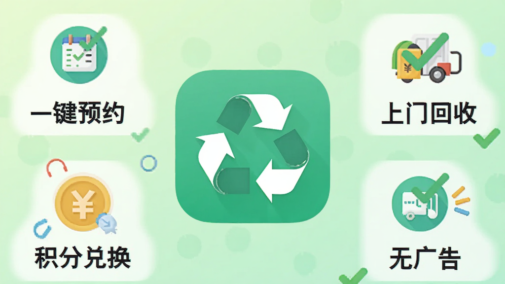 一张AI生成的信息图风格图片,画面以“聚换旧衣服回收”App图标为中心,周围环绕着打勾的图标和文字标签,分别标注“一键预约”“上门回收”“积分兑换”“无广告”,背景为浅绿色渐变,风格扁平简洁,文字清晰,无多余元素,高清画质