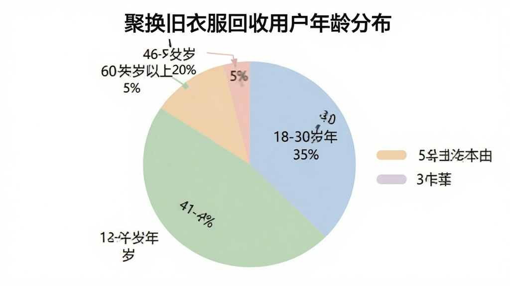 一张AI生成的饼状图,标题为“聚换旧衣服回收用户年龄分布”,图表分为四个扇区,分别标注“18-30岁 35%”“31-45岁 40%”“46-60岁 20%”“60岁以上 5%”,配色柔和,每个扇区颜色不同,图例清晰,背景干净,无多余元素,高清画质