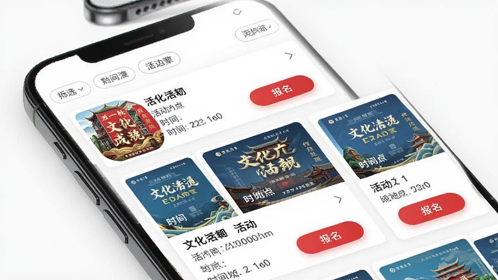 �Ļ��㶫App�����ҳ�棬�ֻ���Ļչʾ���Ƭ�б���ÿ�ſ�Ƭ�������������ͼ������ơ�ʱ��ص�ͱ�����ť��������ɸѡ��ǩ�������԰�ɫΪ�ף���ɫ��ťͻ�����Ű����룬����ִ����ɾ��޶���Ԫ�أ���������