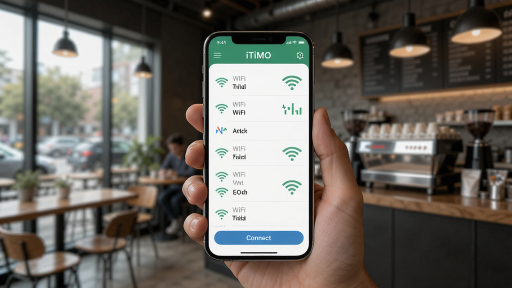 һ��չʾiTiMO�ֻ�Ӧ���������ͼƬ������������һ���ֳ������ֻ�����Ļ����ʾiTiMO��WiFi�б����棬�����ǿ�������ģ�����������Ϊ�ִ��Ƽ��У�ϸ�ڰ���WiFi�ź�ͼ������Ӱ�ť�������������ɾ��޶���Ԫ��
