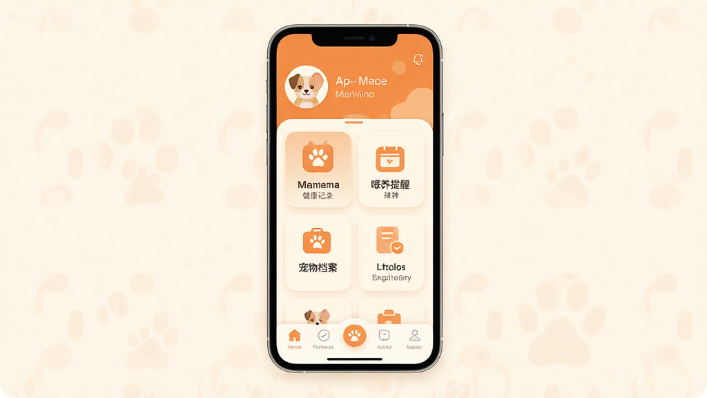 ��һApp������ȫòչʾ������������һ���ִ������ֻ�����Ļ����ʾ�����������Ӧ�õ���ҳ�������г���ͷ������֣��м��ǹ��ܿ�Ƭ�������������¼��ι�����ѡ����ﵵ����ͼ�꣬�ײ������������ɼ���������ɫ��ů����Գ�ɫ���װ�ɫΪ������ƽ����Ʒ��ϸ��Բ�󣬽���ɾ��޶���Ԫ�أ��߻��ʣ�������ࡣ