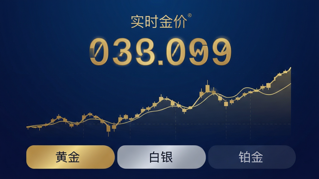 实时金 手机应用主界面展示,背景为深蓝色渐变,中央显示金色实时金价数字和走势折线图,下方有黄金、白银、铂金等分类标签,整体风格简洁现代,画质干净无多余元素