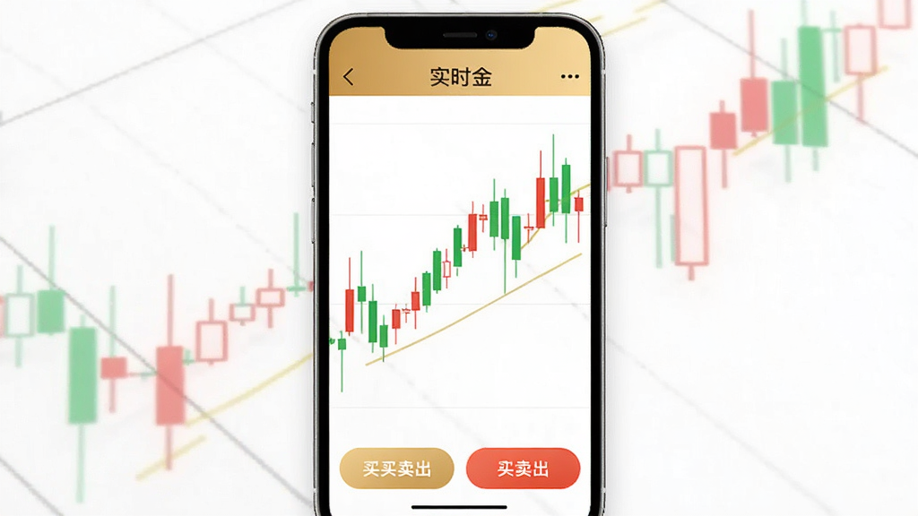 实时金 应用内金价详情页截图风格展示,手机屏幕中央显示黄金价格走势K线图,红色和绿色柱状图交替,顶部有“实时金”文字标识,底部有买入卖出按钮,界面干净整洁