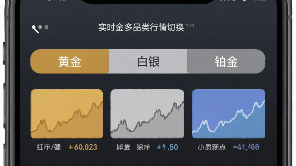 实时金 应用内多品类行情切换界面,手机屏幕显示黄金、白银、铂金三个选项卡,下方对应不同颜色的价格走势小图,界面布局清晰,风格扁平化