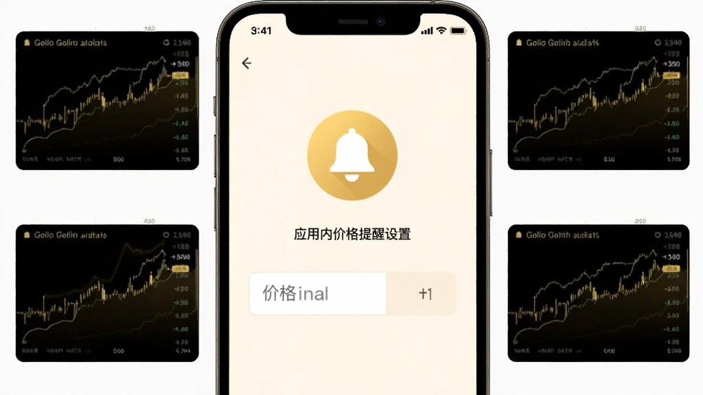 实时金 应用内价格提醒设置界面,手机屏幕显示一个铃铛图标和价格输入框,背景为浅色,周围有黄金价格走势小图,风格简洁明快