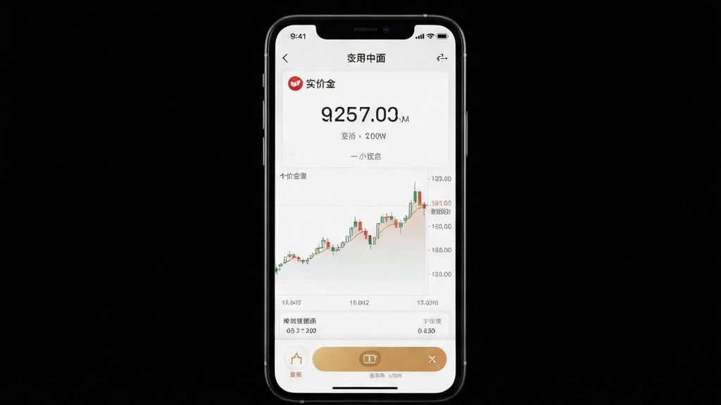实时金 应用界面展示无广告清爽布局,手机屏幕显示简洁的金价数字和走势图,周围没有任何广告横幅或弹窗,背景为纯白色,画质干净