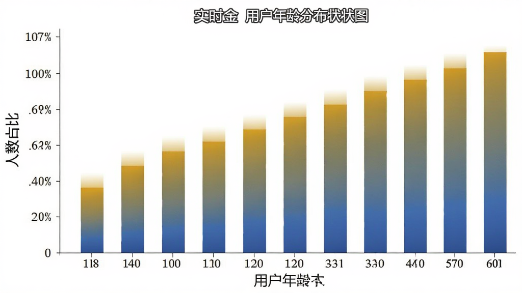 实时金 用户年龄分布柱状图,横轴为18-60岁年龄段,纵轴为人数占比,柱状图颜色为金色和蓝色渐变,背景为白色,图表清晰简洁