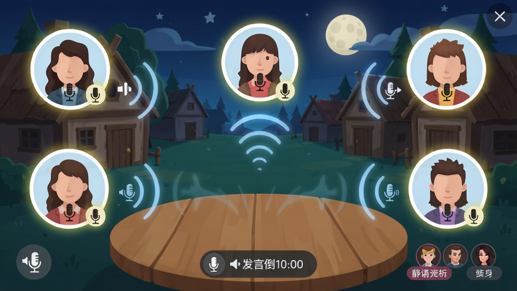 一张展示“狼人杀-官方正版”语音对讲功能的场景图,画面中多个玩家头像亮起麦克风图标,中间有声音波纹从不同头像发出并汇聚到圆桌中央,背景是夜晚村庄与月亮,风格简洁明快,细节包括静音按钮、发言倒计时和角色标签,画质干净无多余元素
