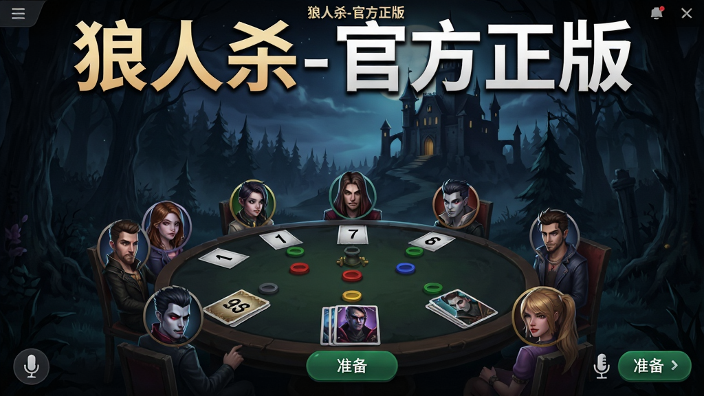 一张展示“狼人杀-官方正版”主界面的场景图,画面中央是游戏大厅,背景是暗夜森林与古堡剪影,前景有多个玩家头像围成圆桌,桌上有号码牌和投票标记,顶部显示“狼人杀-官方正版”字样,整体风格为暗黑悬疑但色彩清晰,细节包括麦克风图标、准备按钮和角色卡牌,画质干净无多余元素
