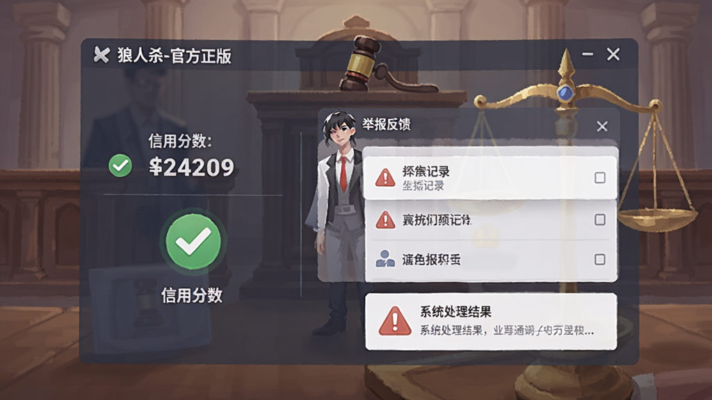 一张展示“狼人杀-官方正版”信用积分与举报反馈界面的场景图,画面中显示信用分数值、举报记录列表和系统处理结果通知,背景是法庭与天平元素,风格严肃但色彩柔和,细节包括对勾与警告图标,画质干净无多余元素