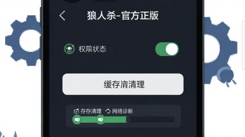 一张展示“狼人杀-官方正版”设置界面的场景图,画面中显示麦克风权限开关、缓存清理按钮和网络诊断选项,背景是手机屏幕界面与齿轮图标,风格扁平化科技感,细节包括权限状态标识和存储占用条,画质干净无多余元素