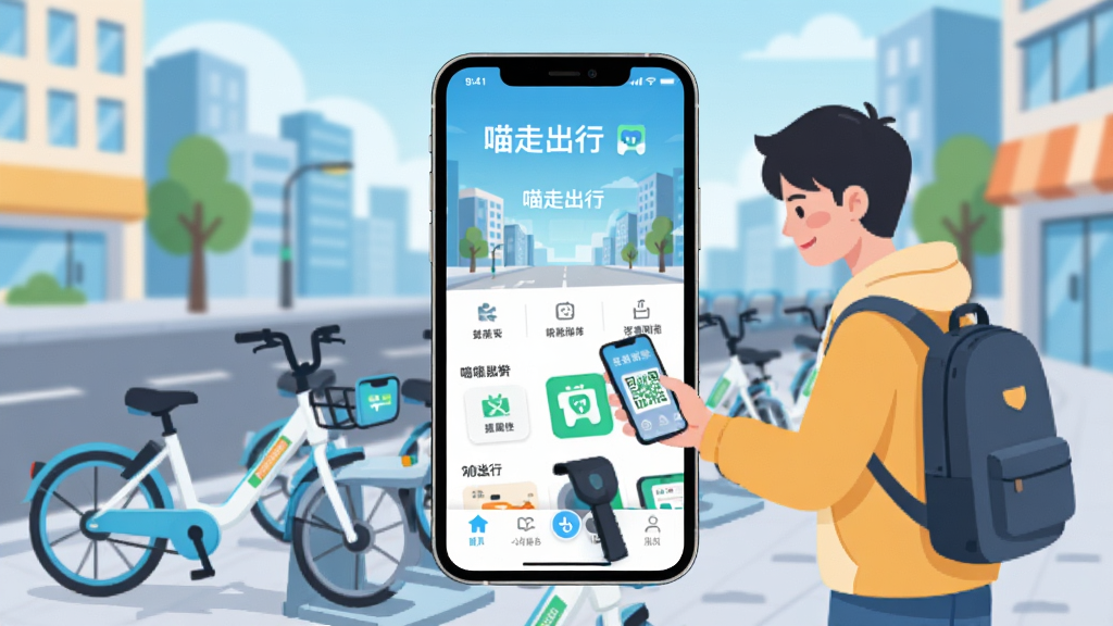 手机屏幕中央显示“喵走出行”APP首页界面,背景是城市街道和共享单车停放点,一位年轻人正拿着手机扫码解锁车辆,画面明亮清新,扁平化插画风格,细节清晰,画质干净,无多余元素