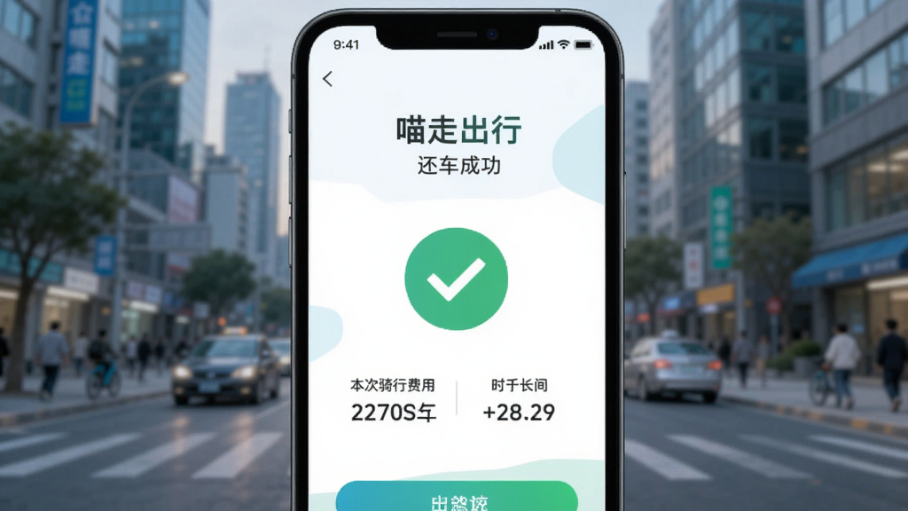 手机屏幕显示“喵走出行”还车成功页面,绿色对勾图标居中,下方显示本次骑行费用和时长,背景是城市街景虚化,界面简洁明快,蓝绿配色,扁平设计风格,画质干净