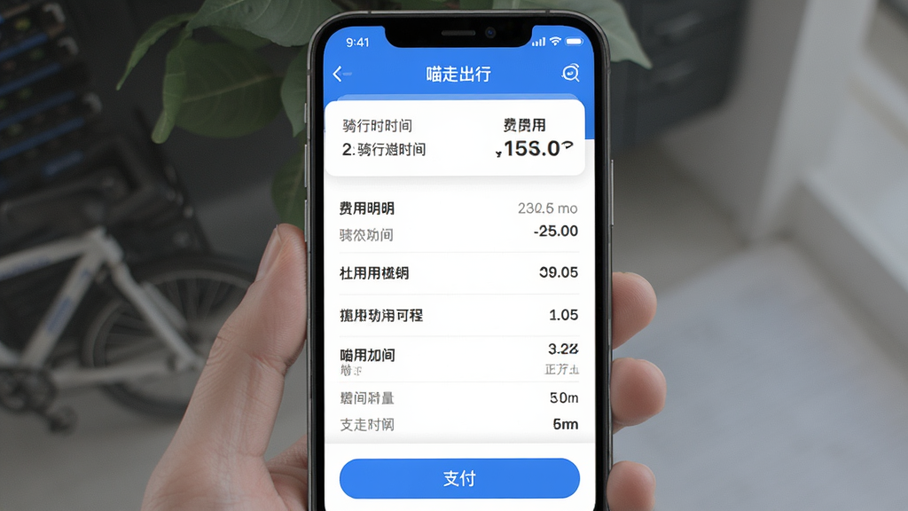 手机屏幕显示“喵走出行”账单详情页面,顶部显示骑行时长和费用金额,中间是费用明细列表,底部有支付按钮,界面整洁,数据可视化清晰,蓝白主色调,扁平设计风格,画质干净