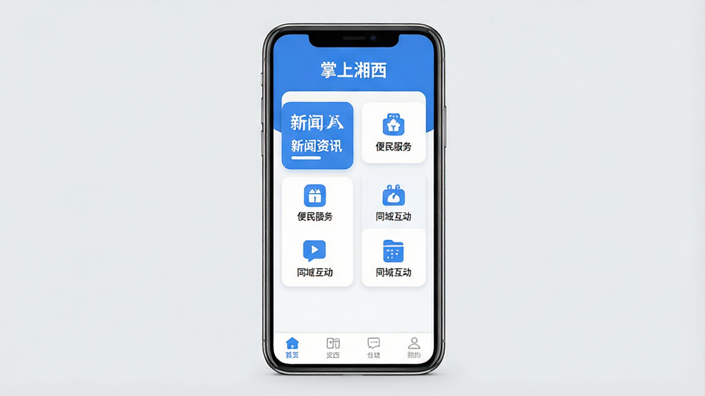 一张手机屏幕展示“掌上湘西”应用主界面的图片,画面中央是手机正视图,屏幕内显示蓝色和白色为主色调的App界面,顶部有“掌上湘西”文字标识,中间是卡片式功能入口排列,包含新闻资讯、便民服务、同城互动等图标,底部为导航栏,风格现代扁平,细节圆润,画质干净清晰,无多余元素,背景为纯净浅灰色。