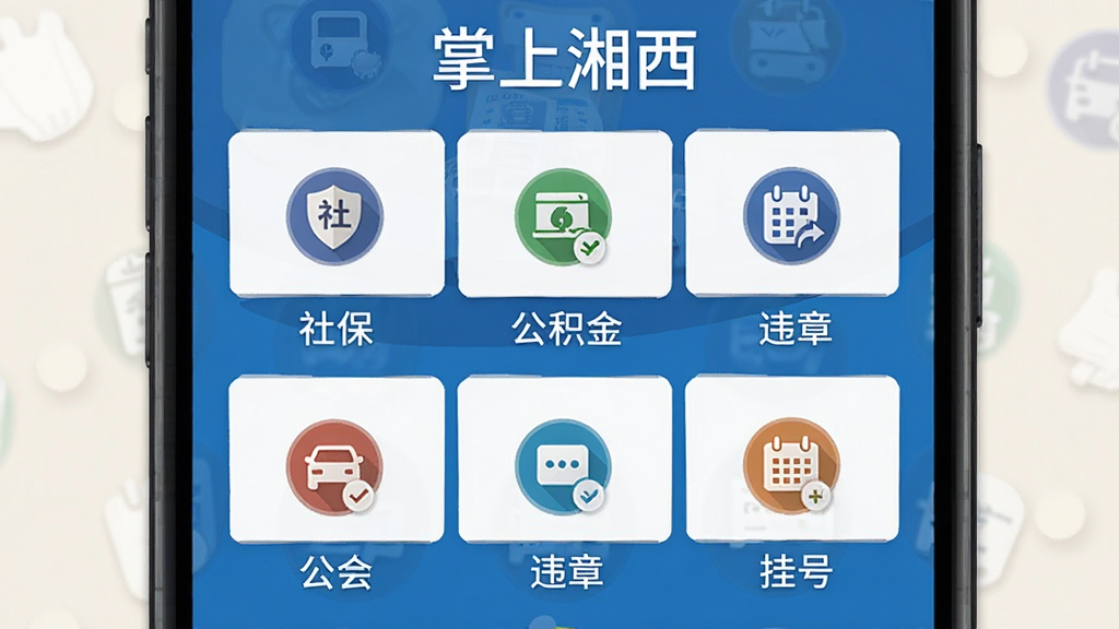 一张展示“掌上湘西”便民服务页面的图片,画面中手机屏幕显示九宫格图标布局,图标包括社保、公积金、违章查询、挂号等,图标下方有中文标签,界面以蓝色和白色为主,布局规整,风格扁平化,画质清晰,背景为浅色,无多余元素。