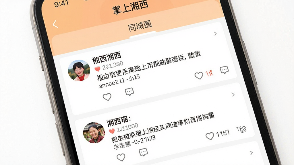 一张展示“掌上湘西”社区互动界面的图片,画面中手机屏幕显示帖子列表,每条帖子有用户头像、昵称、文字内容和点赞评论图标,顶部有“同城圈”标签,界面风格温暖亲切,配色柔和,布局清晰,画质干净,背景为白色,无多余元素。