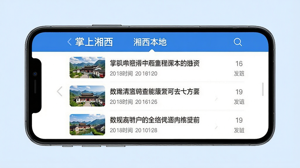 一张展示“掌上湘西”资讯页面的图片,画面中手机横屏放置,屏幕内是整齐的新闻列表,每条新闻左侧有小缩略图,右侧是标题和发布时间,顶部有“湘西本地”标签,整体排版清晰,蓝白配色,风格简洁现代,画质干净,背景为纯色,无多余元素。