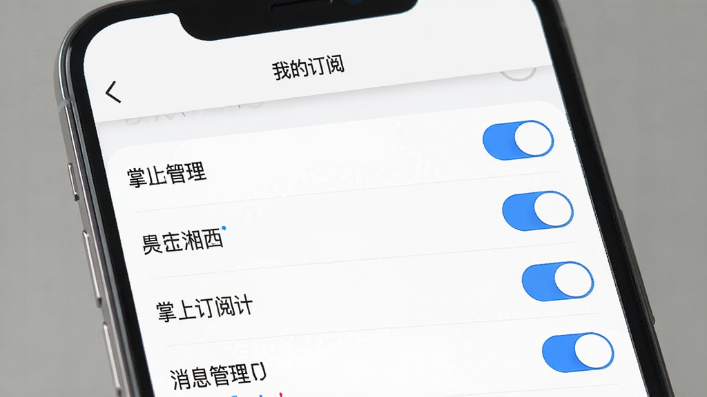 一张展示“掌上湘西”消息订阅设置页面的图片,画面中手机屏幕显示订阅管理列表,每个栏目右侧有开关按钮,顶部有“我的订阅”标题,界面简洁明了,蓝色高亮开关,白色背景,文字清晰,风格现代,画质干净,无多余元素。