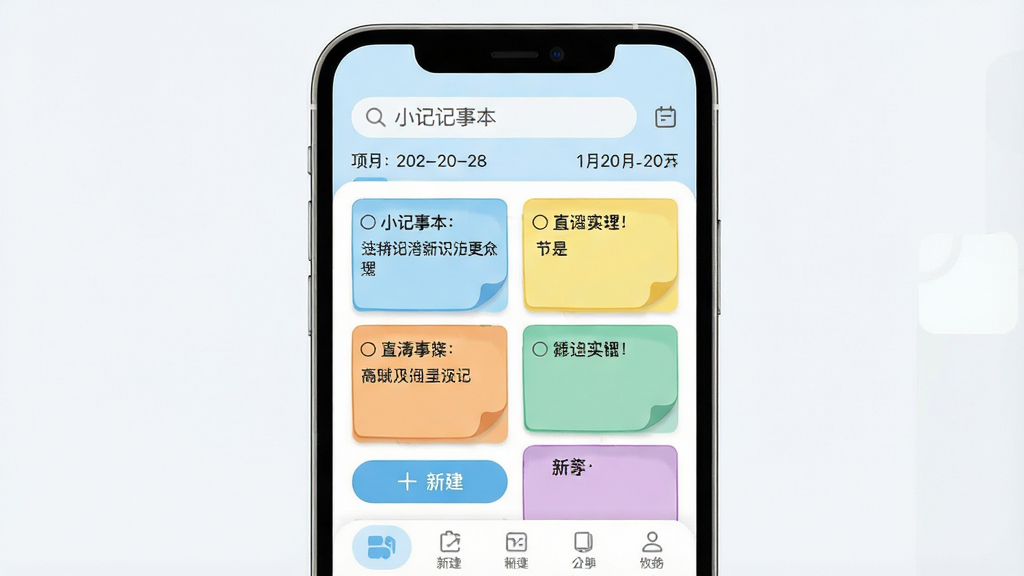 һ���ֻ���Ļ������չʾͼ������������һ���С�С�Ǽ��±�����App�����棬���岼�ּ�࣬��������������������ʾ���м��ǲ�ɫ��ǩ��Ƭ�б���ÿ�ſ�Ƭ��д�Ų�ͬ�Ĵ�������ͱʼǱ��⣬�ײ����½���ť�ͷ����ǩ����������ɫ�԰�ɫ��ǳ��ɫΪ��������ִ���ƽ����ͼ��Բ�󣬻��ʸɾ��������޶���Ԫ��