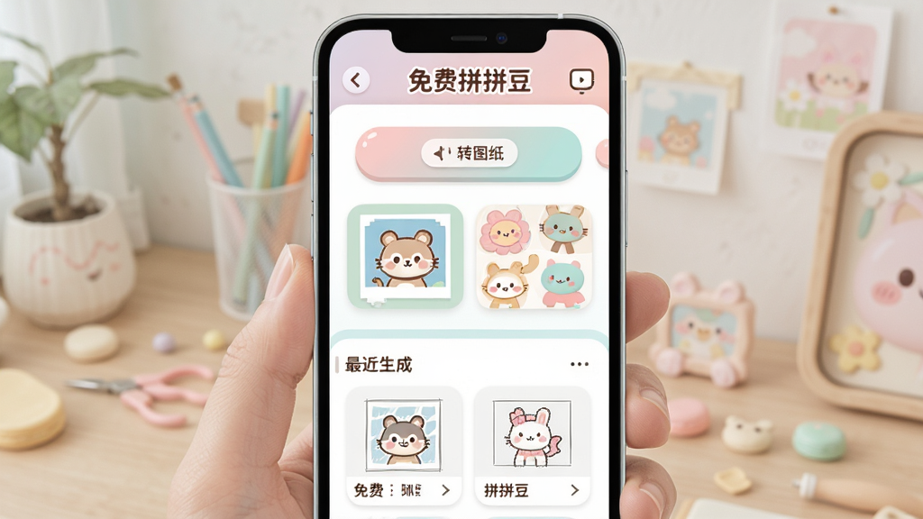 免费拼拼豆软件主界面全貌展示,画面中央是一部手机屏幕,屏幕内显示免费拼拼豆应用的主页,布局为顶部标题栏写着“免费拼拼豆”,中间是照片转图纸的功能按钮和示例图案预览,下方是最近生成的图纸列表,整体风格清新可爱,以马卡龙色系为主,细节圆润,画质干净,无多余元素