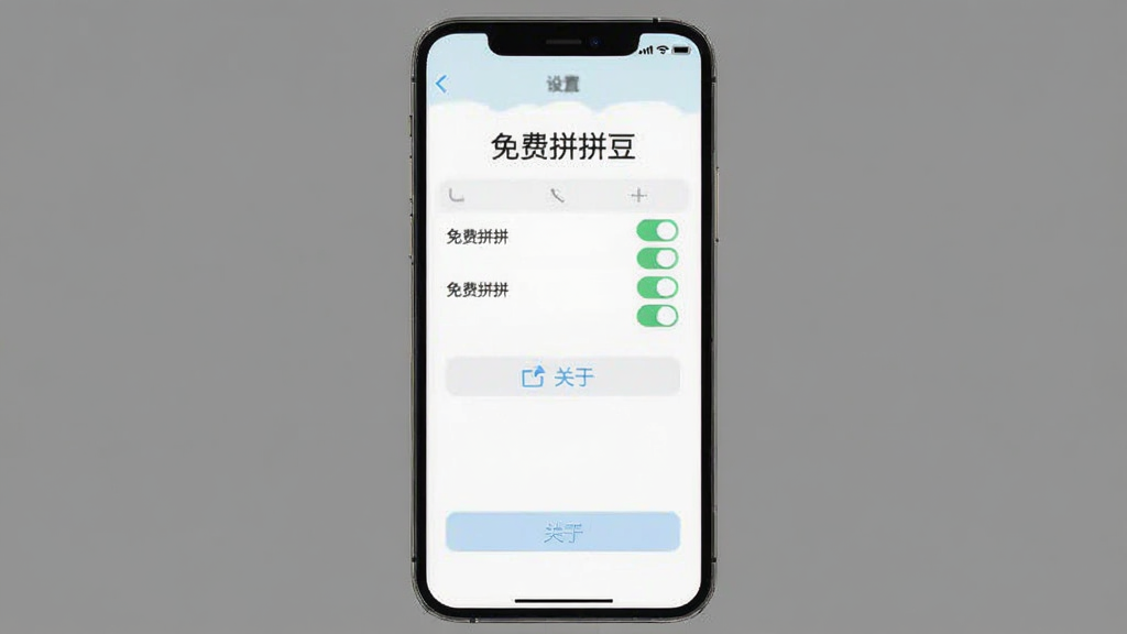 免费拼拼豆软件界面简洁展示,手机屏幕截图风格,画面中显示免费拼拼豆的设置页面,只有几个简单的选项开关和关于按钮,没有广告横幅和弹窗,背景为纯色,文字清晰,整体风格极简,画质干净
