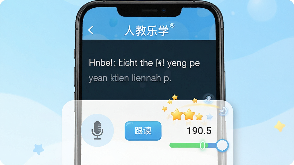 һ��չʾ�˽���ѧAppӢ�������ֹ��ܵ�ͼƬ������Ϊ�ֻ���Ļ���棬��Ļ����ʾһ��Ӣ�ľ��Ӻ��·��Ļ�Ͳͼ�꣬�Ա��С���������ť�ͷ�����ʾ���򣬲���Ϊ���½ṹ�Ű棬���Ϊ���õĽ����������ϸ���Ϸ������������Ǻͽ�������Ч�������е���ɫ���䣬���ʸɾ����޶���Ԫ�أ�ͼƬ������Ϊ���ġ��˽���ѧ����Ӣ�ľ��ӡ�