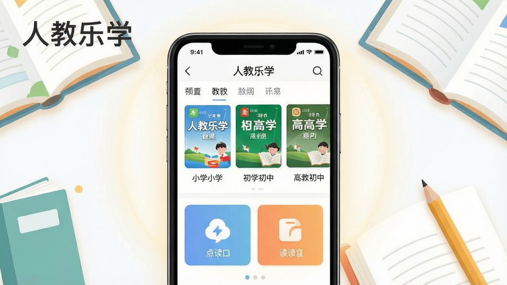 һ��չʾ�˽���ѧApp����ȫò��ͼƬ������Ϊһ�������ֻ���Ļ����Ļ����ʾ�˽���ѧApp����ҳ���棬����Сѧ�����С����еȽ̲ķ��濨Ƭ�͵����ڣ������������Ű����룬���Ϊ�ִ���ƽ��ѧϰ���߷��ϸ������Ļ��Χ����͵Ĺ��κ��鱾��Ǧ�ʵ�ѧϰԪ�ص�׺�����ʸɾ����޶���Ԫ�أ�ͼƬ������Ϊ���ġ��˽���ѧ����