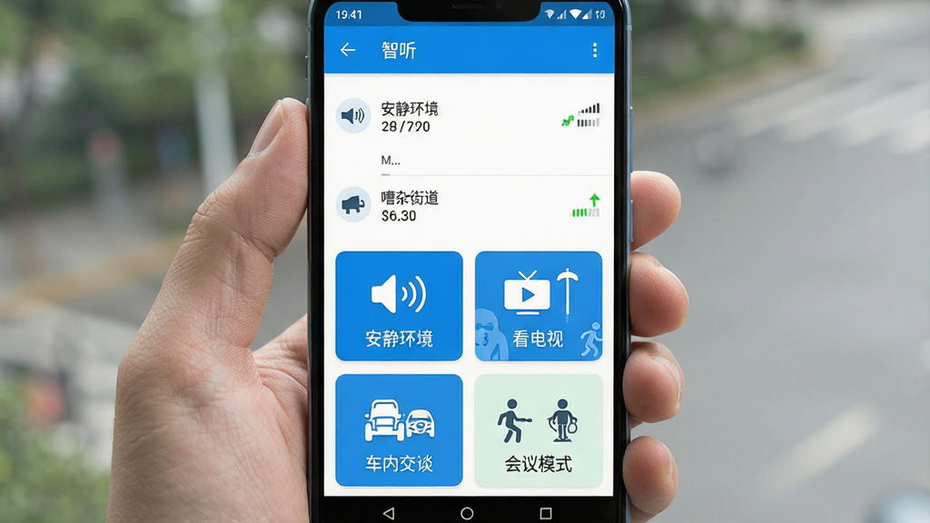 智听APP蓝牙连接与场景选择界面,画面展示一部安卓手机屏幕,屏幕上半部分是蓝牙设备列表,显示已连接的耳机名称和信号强度,下半部分是六个场景模式卡片,分别标注“安静环境”、“嘈杂街道”、“看电视”、“户外活动”、“车内交谈”、“会议模式”,每个卡片配有对应的简笔图标,界面风格清爽,蓝白配色,文字用中文,布局整齐,画质干净,无多余元素,高清晰度。