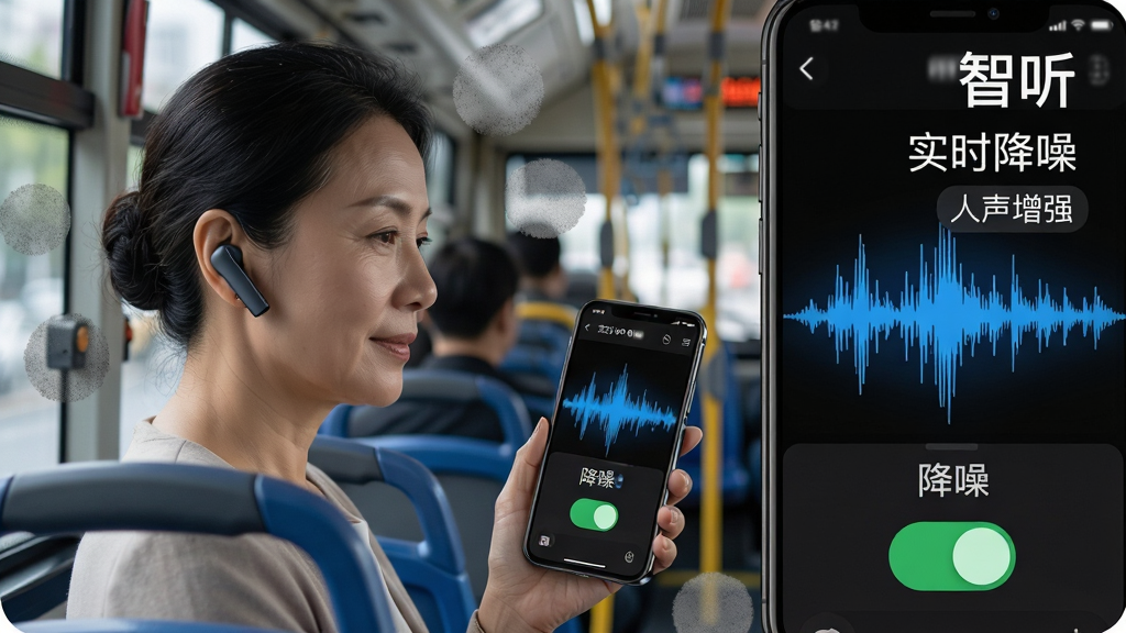 智听APP实时声音增强功能展示,画面中一位中年女性戴着蓝牙耳机在嘈杂的公交车上使用手机,手机屏幕显示智听APP的实时波形图和降噪开关已打开,周围环境用模糊的灰色噪点表示,而人声用清晰的蓝色声波突出显示,画面风格写实科技感,布局左侧是人物,右侧是手机界面特写,文字标注“智听”、“实时降噪”、“人声增强”,画质干净,无多余元素,高清晰度。