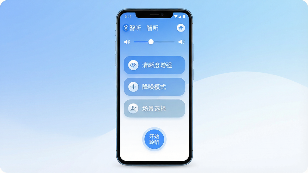 智听软件主界面全貌展示,画面中央是一部安卓手机,屏幕显示智听APP的首页,顶部有蓝牙连接状态和音量调节滑块,中间是清晰度增强、降噪模式、场景选择三个大按钮,底部是开始聆听的圆形启动键,背景是柔和的蓝白渐变,整体风格简洁现代,布局清晰,文字标签用中文标注“智听”、“清晰度增强”、“降噪模式”、“场景选择”,画质干净,无多余元素,UI设计扁平化,图标圆润,光线柔和,高清晰度。