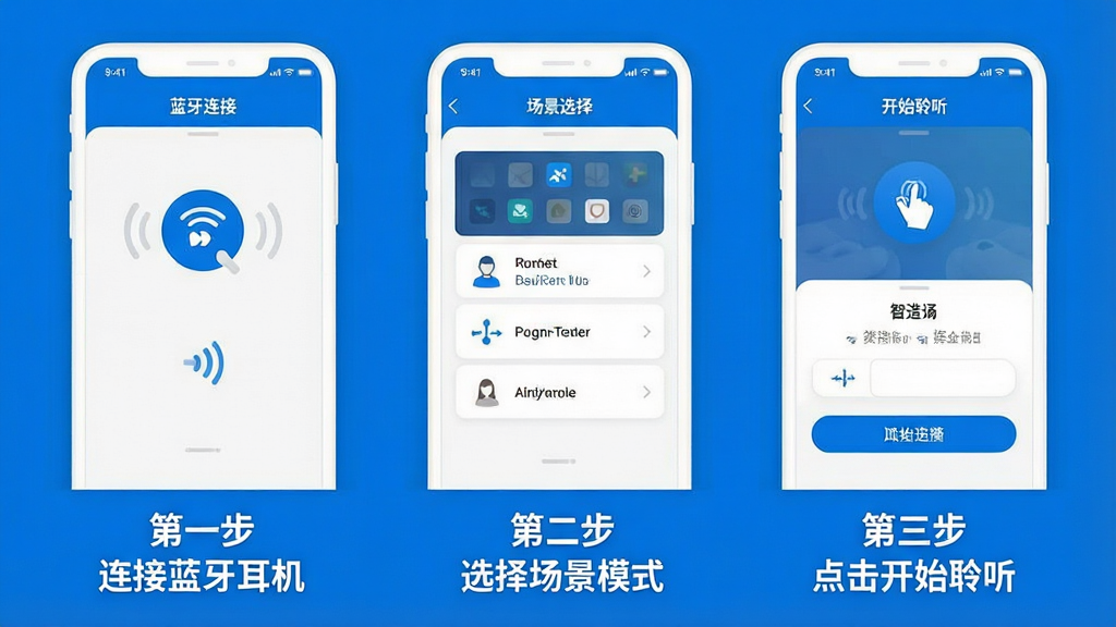 智听APP新手操作步骤示意图,画面分为三个并排的手机屏幕截图风格,从左到右依次是:第一步蓝牙连接界面,第二步场景选择界面,第三步开始聆听界面,每个屏幕下方有对应的中文步骤标注“第一步 连接蓝牙耳机”、“第二步 选择场景模式”、“第三步 点击开始聆听”,整体风格简洁明了,蓝白配色,图标清晰,布局整齐,画质干净,无多余元素,高清晰度。
