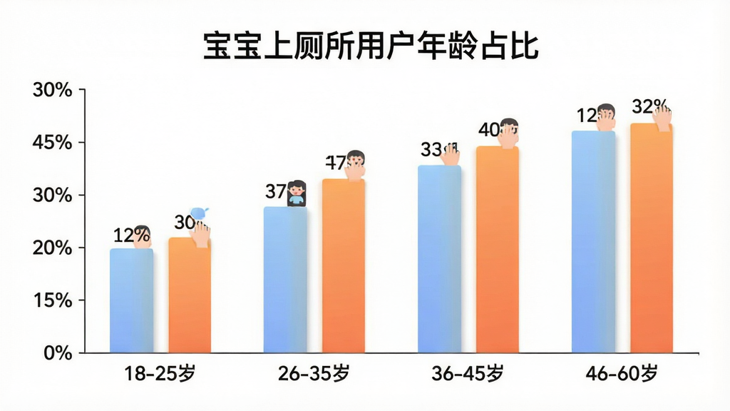 �����ϲ����û�����ֲ���״ͼ������Ϊ������Ϣͼ����񣬺����ע����Ρ�18-25�ꡱ��26-35�ꡱ��36-45�ꡱ��46-60�ꡱ�������ע�ٷֱȣ�������ɫΪ��͵���ɫ�ͳ�ɫ���䣬ÿ�����嶥����ע������ֵ��ͼ������Ϊ�������ϲ����û�����ռ�ȡ�������Ϊ���ף�����ִ���ƽ�����ʸɾ��������޶���װ��Ԫ��