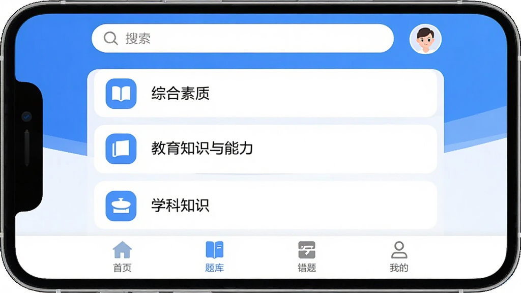 ȫ�㿼��ʦApp�������ͼ���ֻ���Ļչʾ������ҳ�棬�����ۺ����ʡ�����֪ʶ��������ѧ��֪ʶ��ģ�飬��������������û�ͷ�񣬵ײ�Ϊ��ҳ����⡢���⡢�ҵ��ĸ�ѡ�������������Ϊ��ɫ�������ּ������������ִ���ƽ��ͼ��Բ�󣬻��ʸɾ����޶���Ԫ��