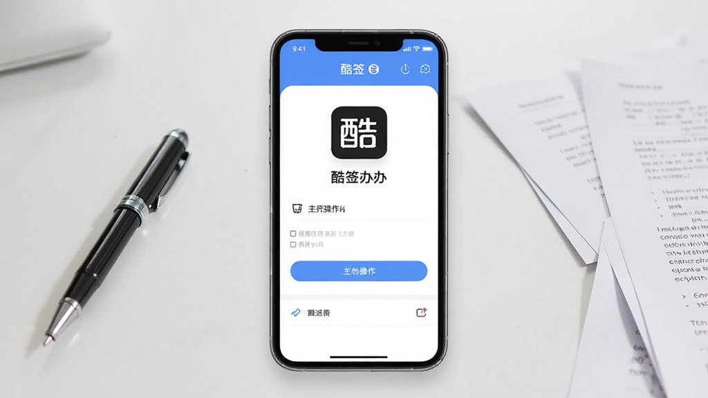 一张展示酷签App核心界面的手机样机图,画面中央是手机屏幕,屏幕内显示酷签App的主操作界面,背景是简洁的办公桌面,桌面上放着一支签字笔和几份纸质文件,整体风格明亮干净,呈现出现代移动办公的便捷感,画质清晰,无多余元素